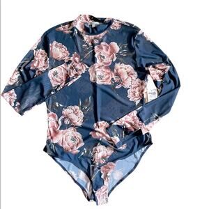 NWT Charlotte Russe Bodysuit Large Casual Floral Mock Neck Long Sleeves Blue